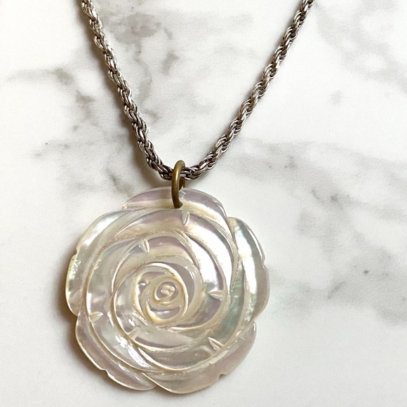 Sterling Silver Carved White Rose Necklace - Picture 2 of 5